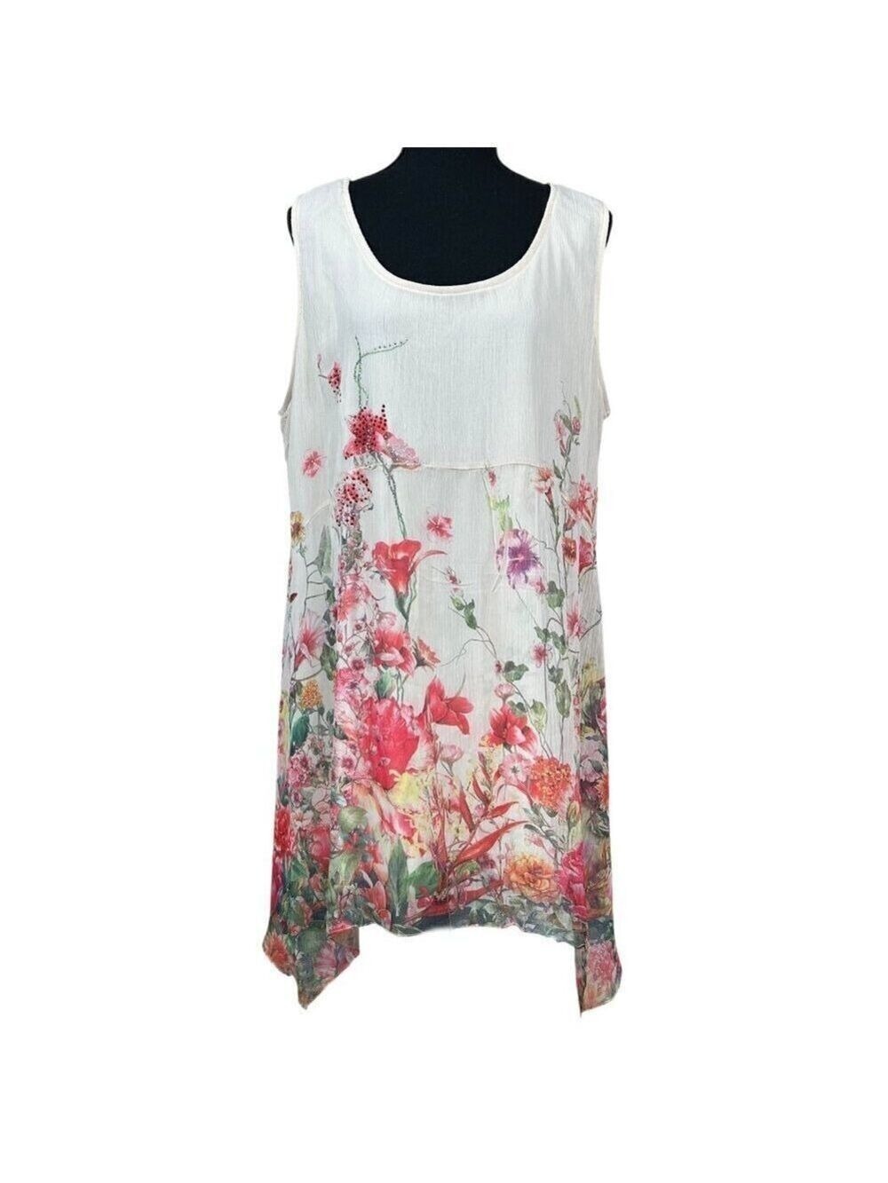 Calstyle White Coral Floral Sleeveless Lined Babydoll Tunic Top Size 2X